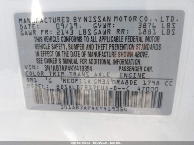 3N1AB7AP4KY419354 Nissan SENTRA SV