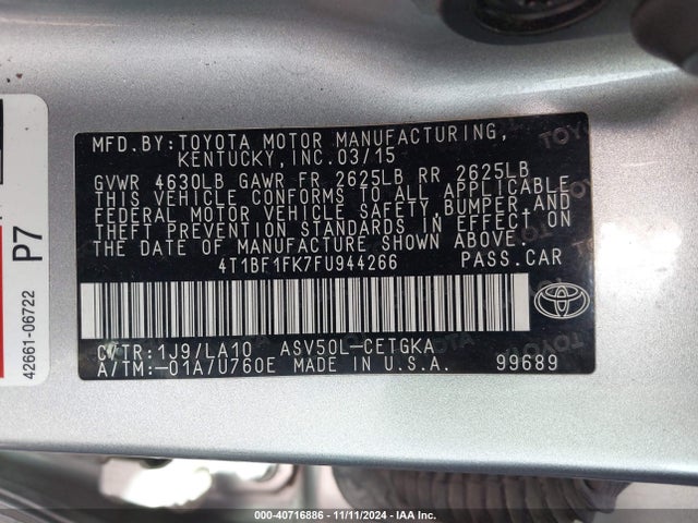 Toyota CAMRY XLE 2015 4T1BF1FK7FU944266 Image 9