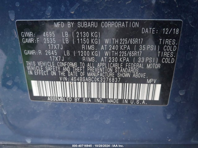 4S4BSABC0K3276837 Subaru Outback 2.5i