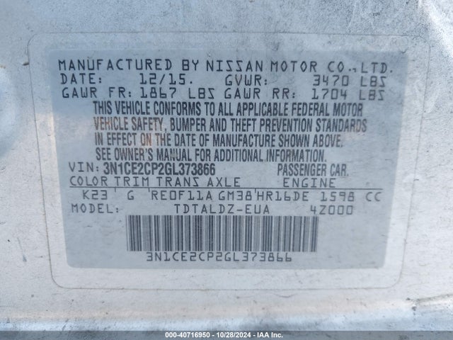 Nissan Versa Note S (sr)/s Plus/sl/sr/sv 2016 3N1CE2CP2GL373866 Image 9