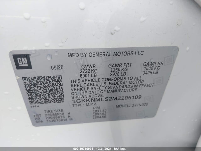 1GKKNMLS2MZ105109 GMC Acadia Fwd Slt
