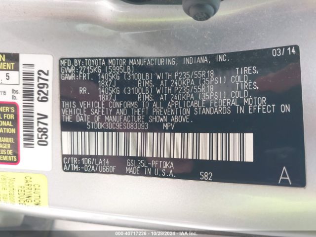 5TDDK3DC9ES083093 Toyota Sienna Limited 7 Passenger