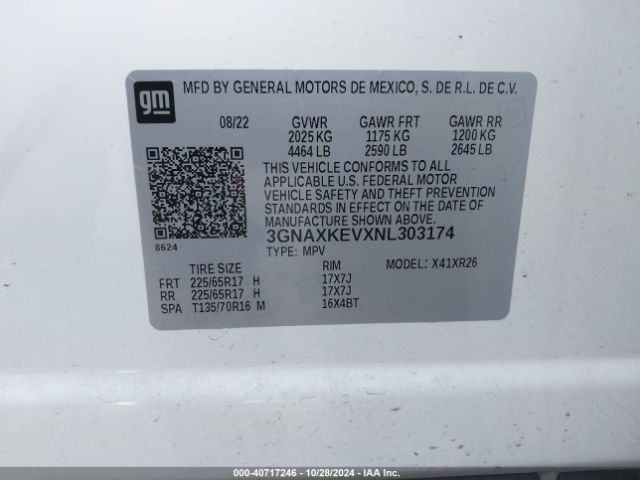 3GNAXKEVXNL303174 Chevrolet Equinox Fwd Lt