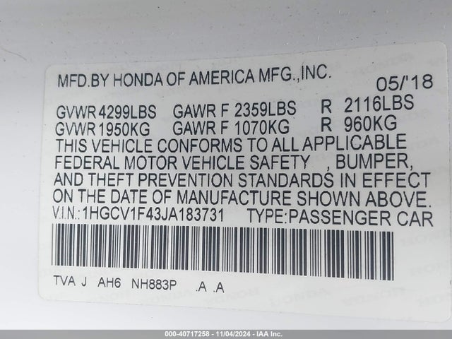 Honda ACCORD EX 2018 1HGCV1F43JA183731 Image 9