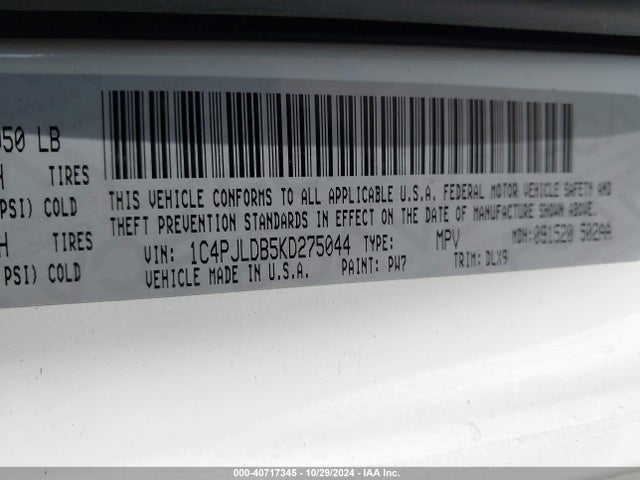 1C4PJLDB5KD275044 Jeep Cherokee Limited Fwd