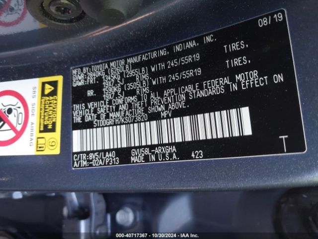 5TDDGRFH7KS073820 Toyota Highlander Hybrid Limited Platinum