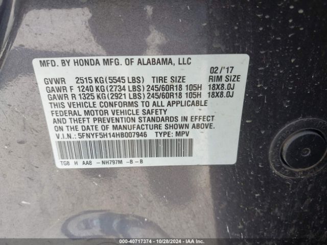 5FNYF5H14HB007946 Honda PILOT LX