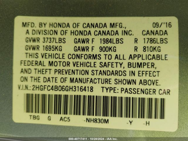 2HGFC4B06GH316418 Honda Civic Lx-p