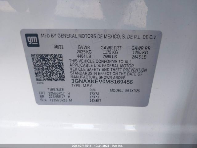 3GNAXKEV0MS169456 Chevrolet Equinox Fwd Lt