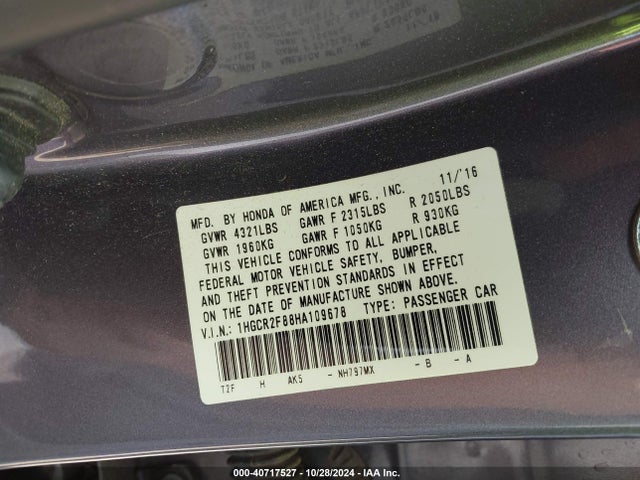 Honda Accord Ex-l 2017 1HGCR2F88HA109678 Image 9