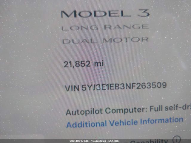 5YJ3E1EB3NF263509 Tesla Model 3 Long Range Dual Motor All-wheel Drive