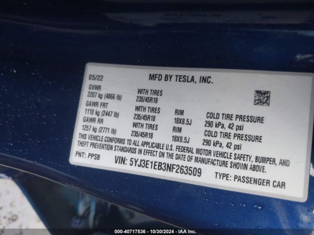 5YJ3E1EB3NF263509 Tesla Model 3 Long Range Dual Motor All-wheel Drive