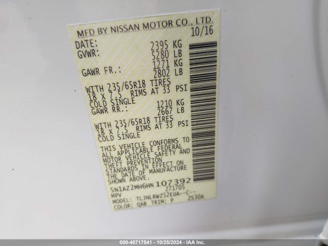 Nissan MURANO SL 2017 5N1AZ2MH6HN107392 Image 9