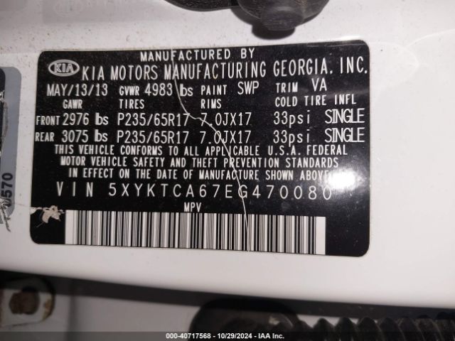 5XYKTCA67EG470080 KIA SORENTO LX