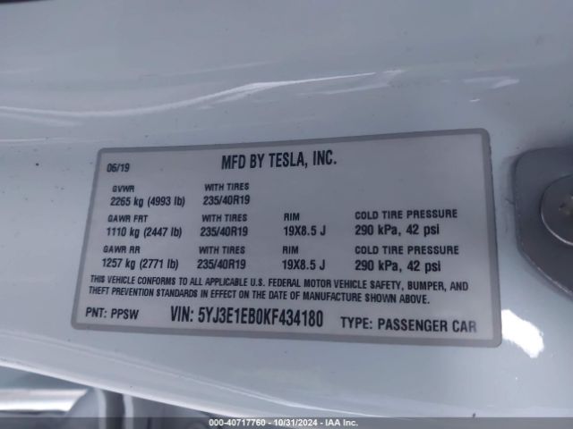 5YJ3E1EB0KF434180 Tesla Model 3 Long Range/performance