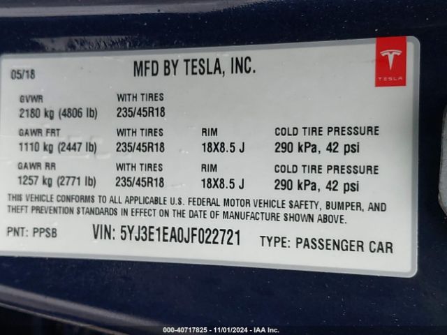 5YJ3E1EA0JF022721 Tesla Model 3 Long Range/mid Range
