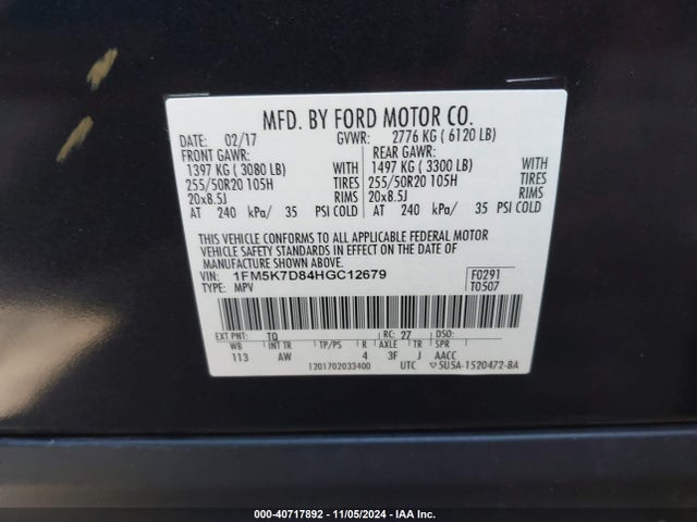 Ford EXPLORER XLT 2017 1FM5K7D84HGC12679 Image 9