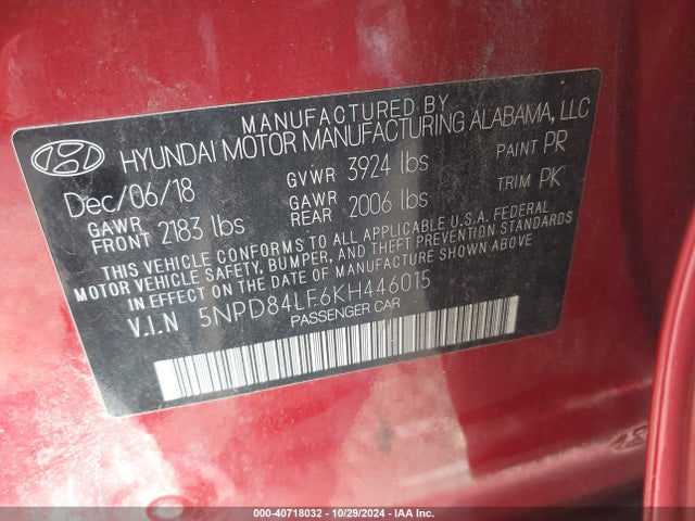 Hyundai ELANTRA SEL 2019 5NPD84LF6KH446015 Image 9