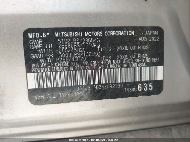 JA4J3UA83NZ092130 Mitsubishi Outlander Black Edition 2wd/se 2.5 2wd/se Launch Edition 2wd