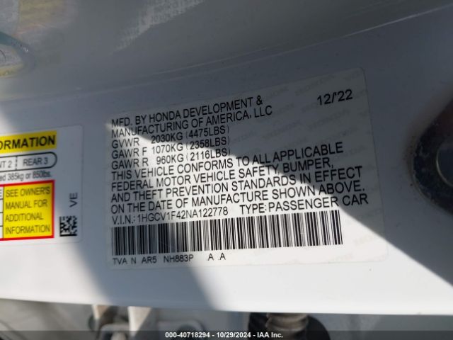 2022 HONDA ACCORD 1HGCV1F42NA122778 Photo 8