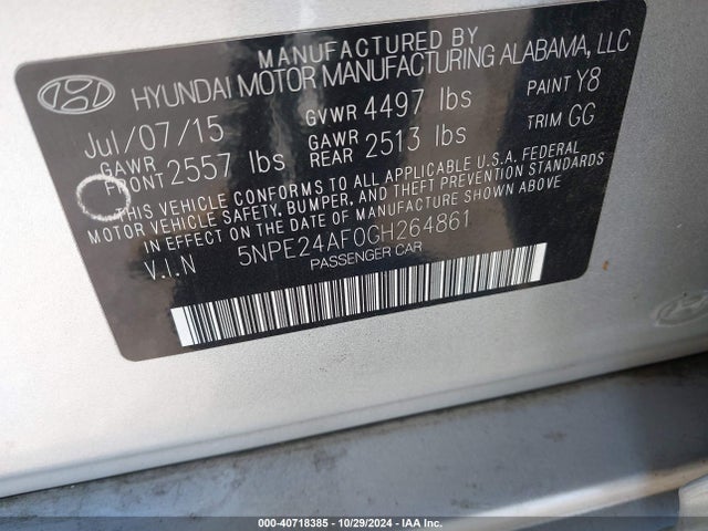 5NPE24AF0GH264861 Hyundai SONATA SE