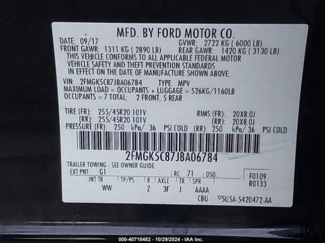 2FMGK5C87JBA06784 Ford FLEX SEL