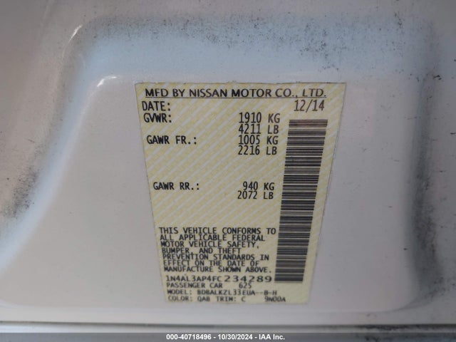 Nissan Altima 2.5 Sv 2015 1N4AL3AP4FC234289 Image 9