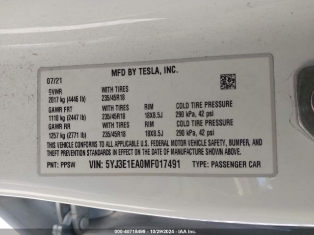 5YJ3E1EA0MF017491 Tesla Model 3 Standard Range Plus Rear-wheel Drive