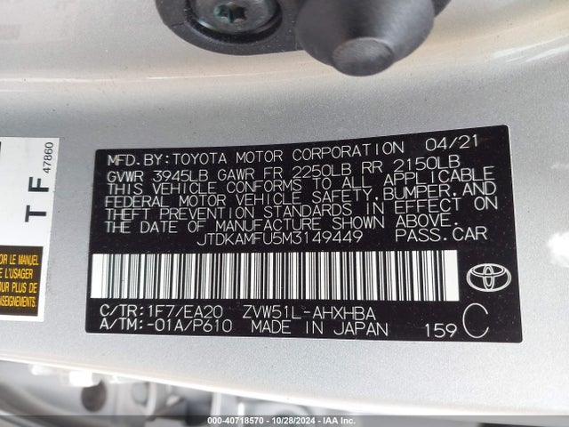 Toyota PRIUS XLE 2021 JTDKAMFU5M3149449 Image 9