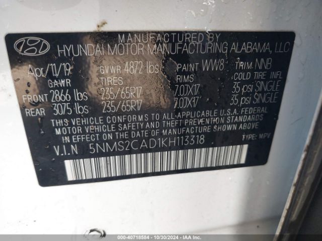 5NMS2CAD1KH113318 Hyundai Santa Fe Se