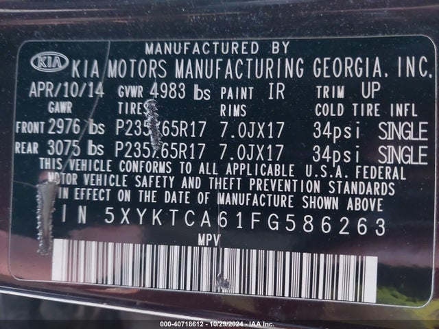 KIA SORENTO LX 2015 5XYKTCA61FG586263 Image 9