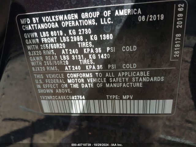 1V2NR2CA5KC582754 Volkswagen Atlas 3.6l V6 Sel Premium