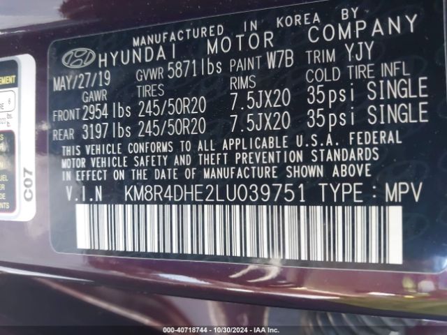 KM8R4DHE2LU039751 Hyundai Palisade Sel