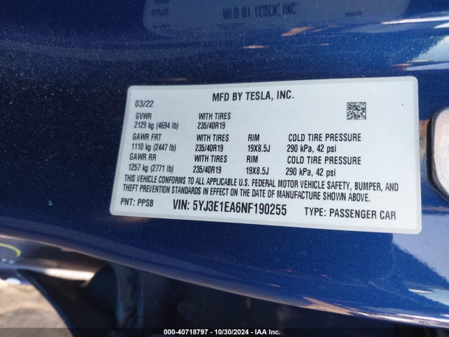 2022 TESLA MODEL 3 5YJ3E1EA6NF190255 Photo 8