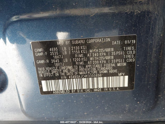 Subaru Outback 2.5i Limited 2019 4S4BSAJC4K3300896 Image 9