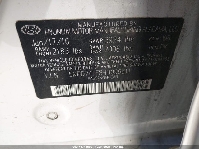 Hyundai ELANTRA SE 2017 5NPD74LF8HH096611 Image 9
