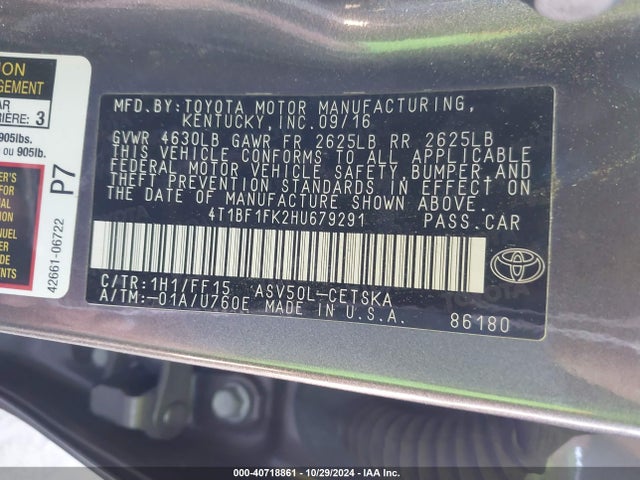 Toyota CAMRY SE 2017 4T1BF1FK2HU679291 Image 9