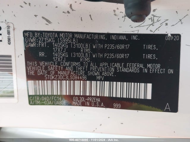 5TDKZ3DC3LS084496 Toyota SIENNA LE