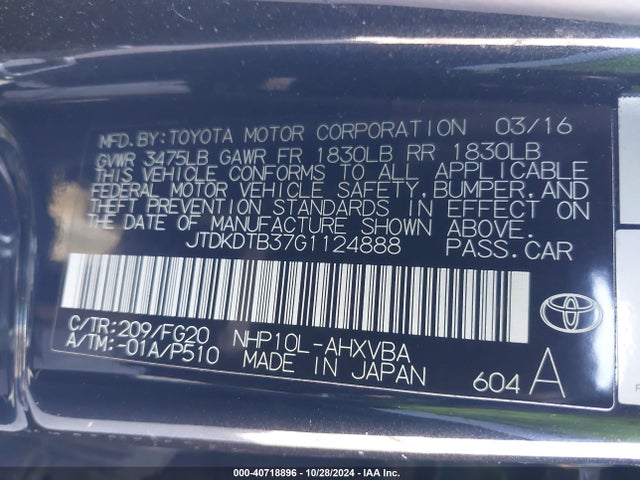 JTDKDTB37G1124888 Toyota Prius C Two