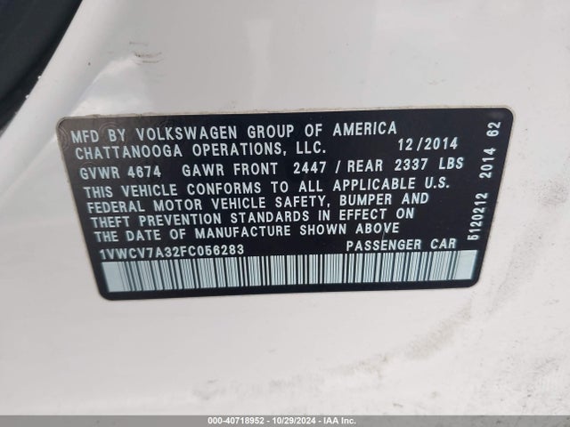 1VWCV7A32FC056283 Volkswagen Passat 2.0l Tdi Sel Premium