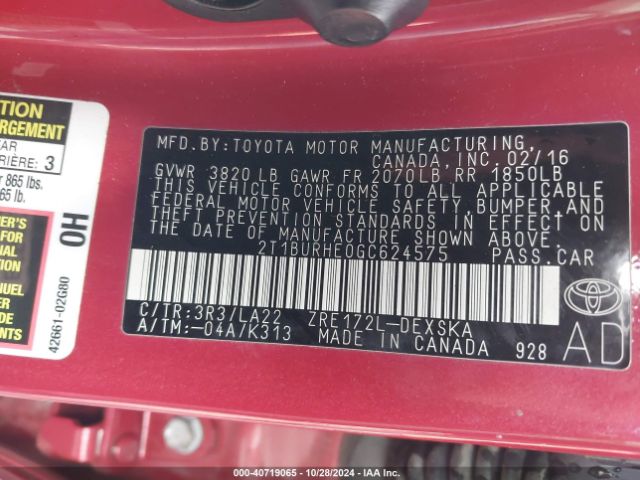 2T1BURHE0GC624575 Toyota Corolla L/le/le Pls/prm/s/s Pls