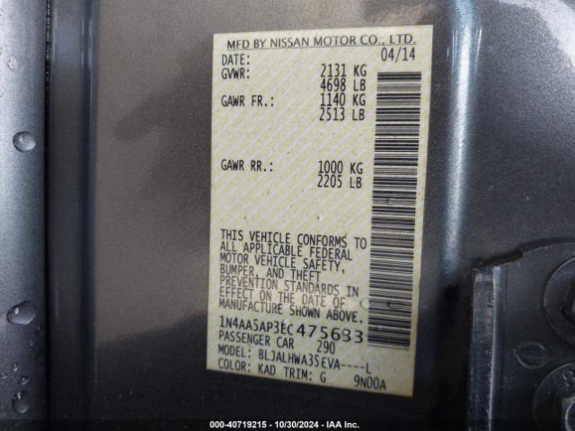 1N4AA5AP3EC475633 Nissan Maxima 3.5 Sv