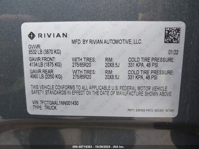 Rivian R1t Launch Edition 2022 7FCTGAAL1NN001430 Image 9