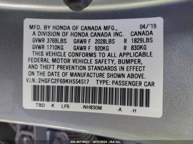 Honda Civic Lx 2019 2HGFC2F69KH554517 Image 9