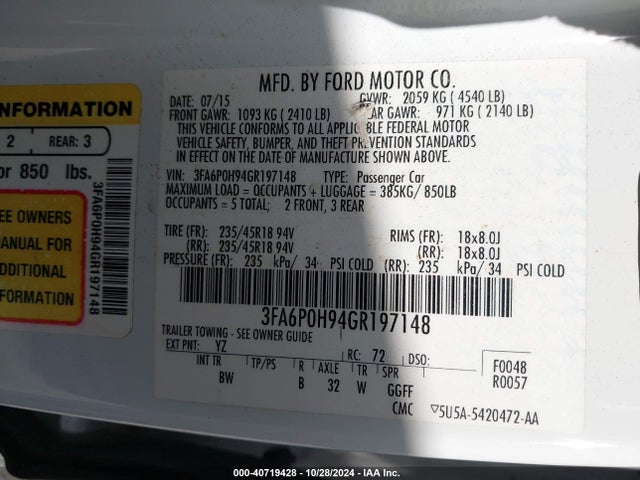 Ford FUSION SE 2016 3FA6P0H94GR197148 Image 9