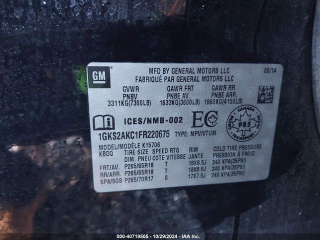 1GKS2AKC1FR220675 GMC YUKON SLE