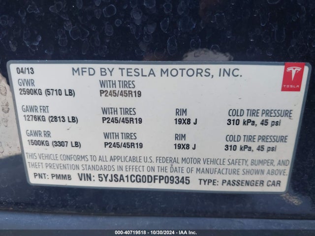 2013 TESLA MODEL S 5YJSA1CG0DFP09345 Photo 8