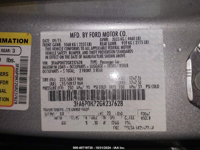 Ford FUSION SE 2016 3FA6P0H72GR237628 Image 9
