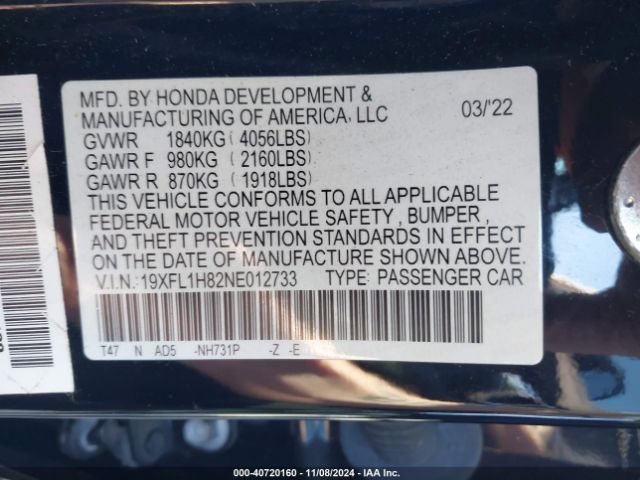 19XFL1H82NE012733 Honda Civic Sport Touring
