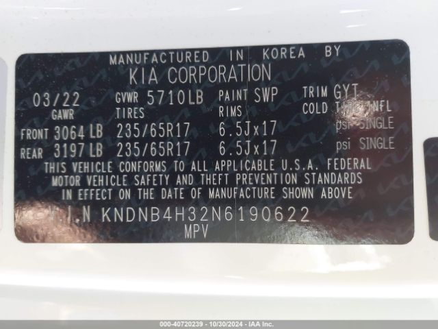 KNDNB4H32N6190622 KIA Carnival Mpv Lx Seat Package